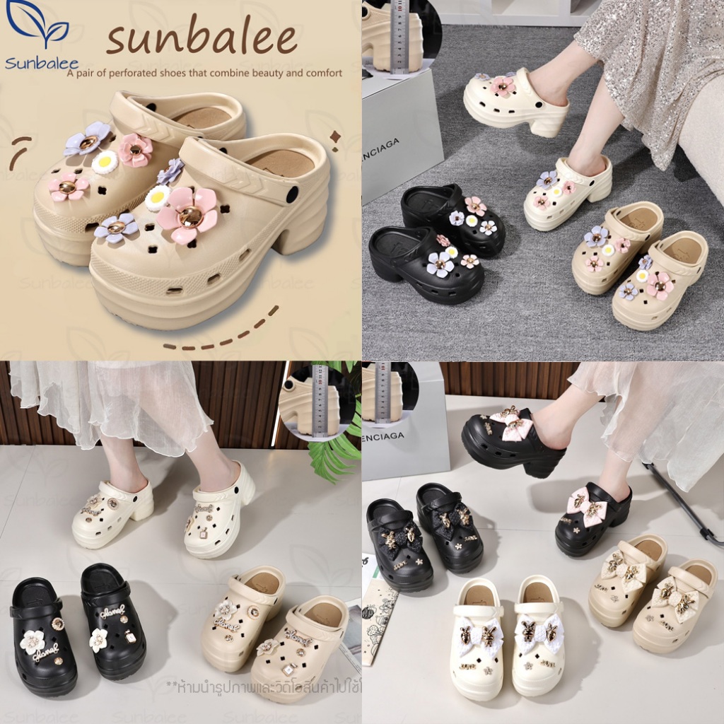 SUNBALEE 🌸 PIZ-11 รองเท้าหัวโต รองเท้าแบบสวม สีพื้น เสริมส้นสูง 8 ซม. แถมตัวติดน่ารัก พร้อมส่ง