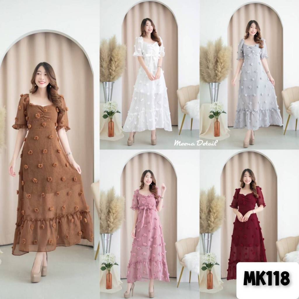 Maxi dress ซีทรูแต่งปอมๆแขนตุ๊กตา ตัดต่อย่นช่วงอกและตัดต่อย่นระบายชาย ชุดเดรสแฟชั่น