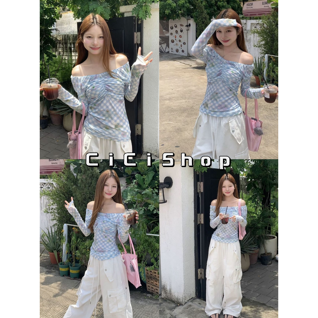 Cicishop(1165) เสื้อแขนยาวซีททรู ใส่ได้สองแบบ ปาดไหล่/คลุมไหล่ ใส่แล้วเพรียว หุ่นสับ