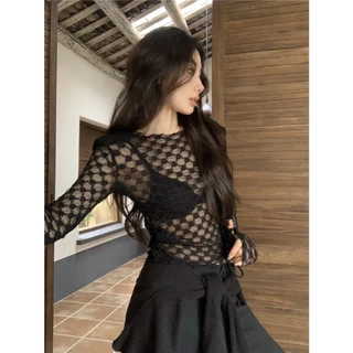 ส่งทันที Cici (NO. U092)เสื้อซีทรูคอกลม แขนยาวทรงกระดิ่ง ผ้าลูกไม้นิ่มยืดเยอะเข้ารูป สไตล์ Y2K เซ็กซี่ แซ่บๆ