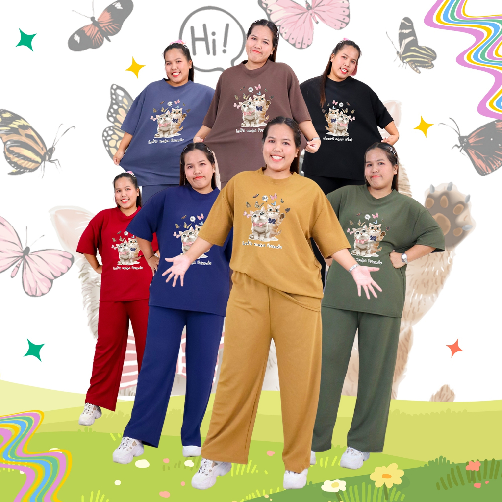 9015-img-28# ชุดเช็ท สาวอวบ เสื้อคอกลม แขนสั้น สกรีนลายแมว กางเกงขายาว ทรงขากระบอก เนื้อผ้าอัดลายเม็ดงา