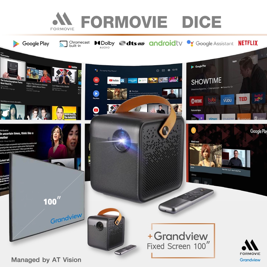 [พร้อมจอ Fixed 100"] Formovie Dice: The Brightest Portable Projector 1080P FHD Android TV portable p