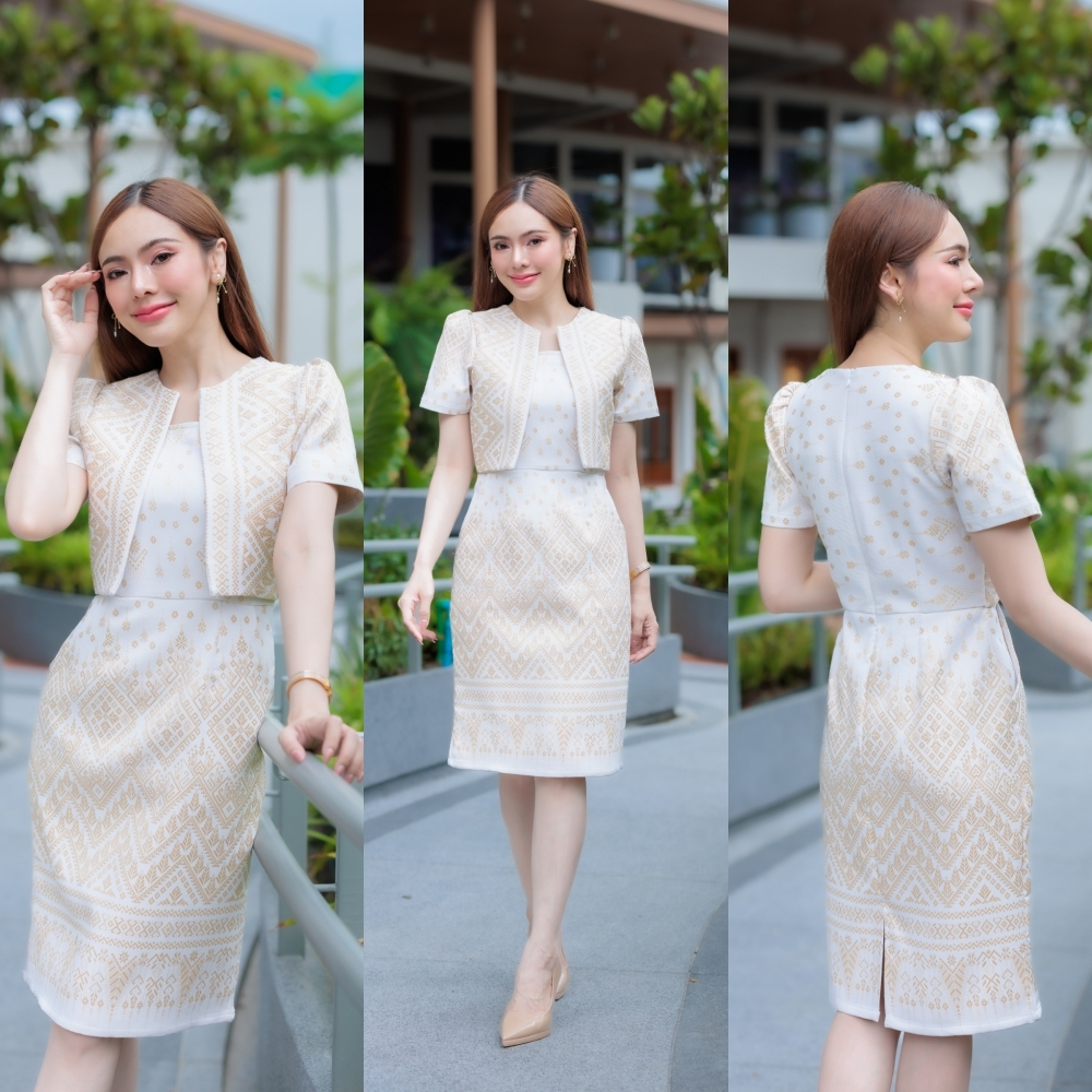 เดรสผ้าทอลายเทียนหยด แต่งกั๊ก ทรงสอบ เจาะกระเป๋า 2 ข้าง อัดกาวทั้งชุดทุกชิ้น ซิปซ่อนด้านหลัง (S-3XL) KS666