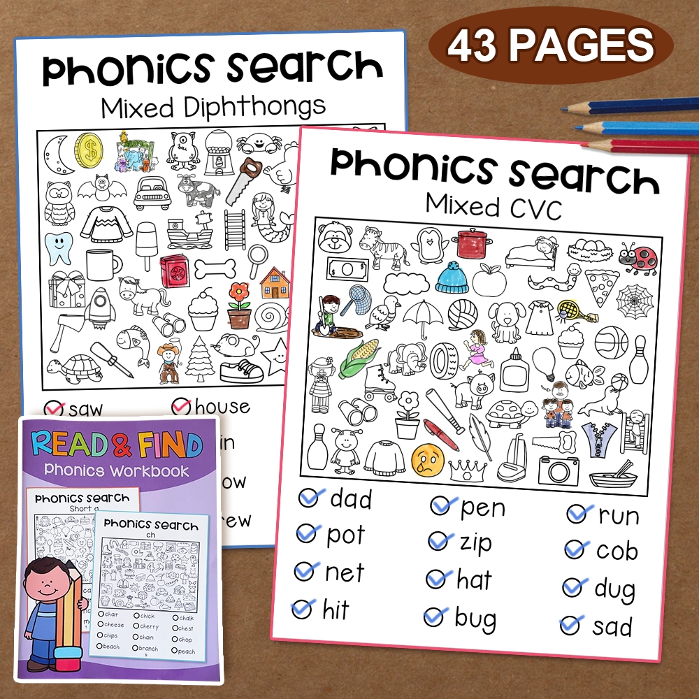 43Pages Read and Find Phonics Search English Phonics Workbook CVC Sight Words Interactive Activities Exercise Books