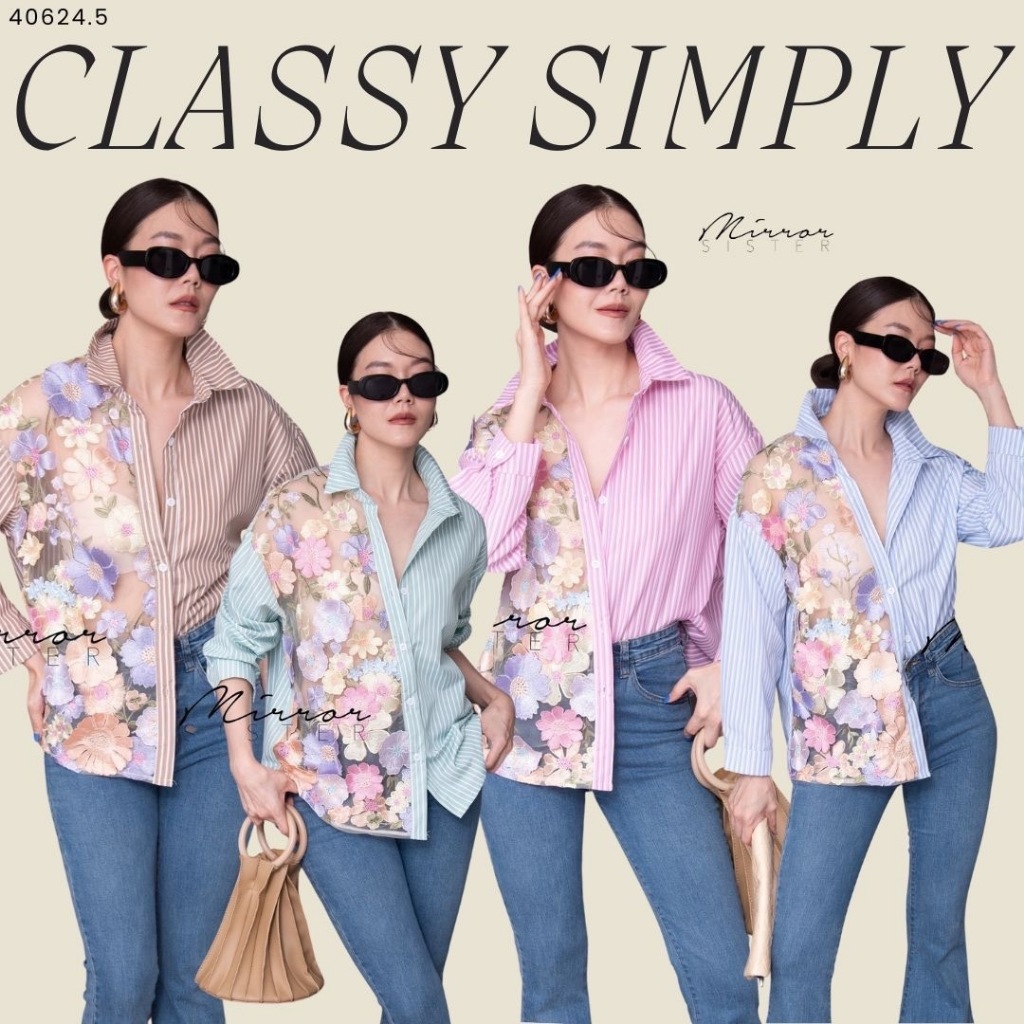 Mirrorsister 40624.5 เสื้อเชิ้ตลายริ้วตัวเก๋ทรงสวย ด้านนึงแต่งดอกไม้ปัก3D ใส่สบายใส่ได้บ่อย