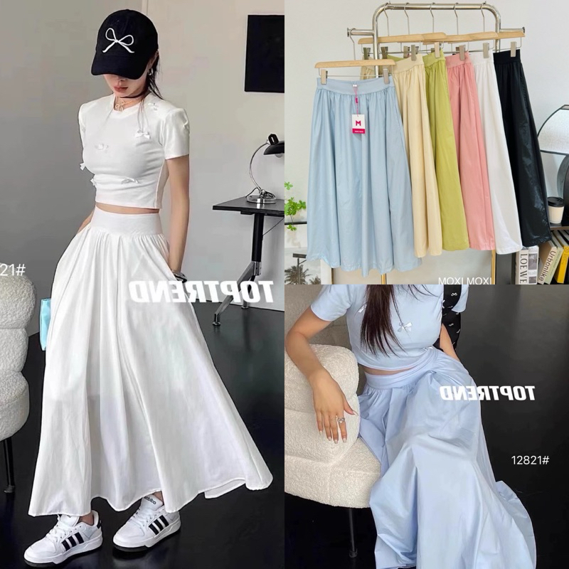 Gang_jeans#12821(H) กระโปรงยาวเอวสูง ผ้าร่ม เอวยืดต่อรูดเอว มีกระเป๋าข้าง ผ้าบางเบาใส่สบาย