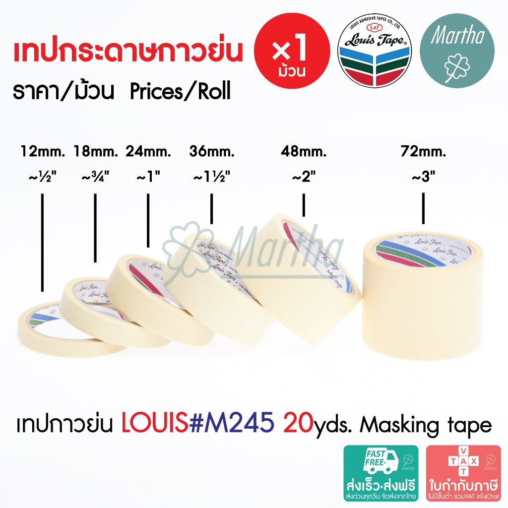 (1ม้วน) เทปย่น Louis Masking Tape M245 ยาว20หลา 1/2 3/4 1 1.5 2 3นิ้ว เทปกาวย่น กระดาษกาว เทปหนังไก่
