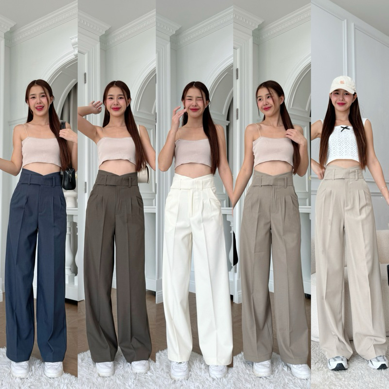 กางเกงขากระบอกดีเทลขอบเอวยื่น ผ้าไมลี่สาฟ งานซิปหน้าตะขอ 🎀✨🍵🧸