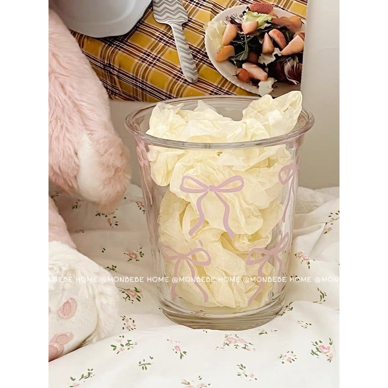 แก้วน้ำ แก้วกาแฟ ลายโบว์สีชมพู สำหรับร้านกาแฟ พร้อมส่ง！！！