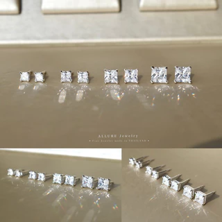 ต่างหูเงินแท้ 925 ประดับเพชร CZ Swiss Diamond เกรดพรีเมี่ยม [ Silver - Square ] Allure Jewelry