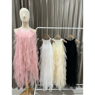 Dressgril.9 เดรสคอกลมแขนกุด ผ้าตาข่าย
