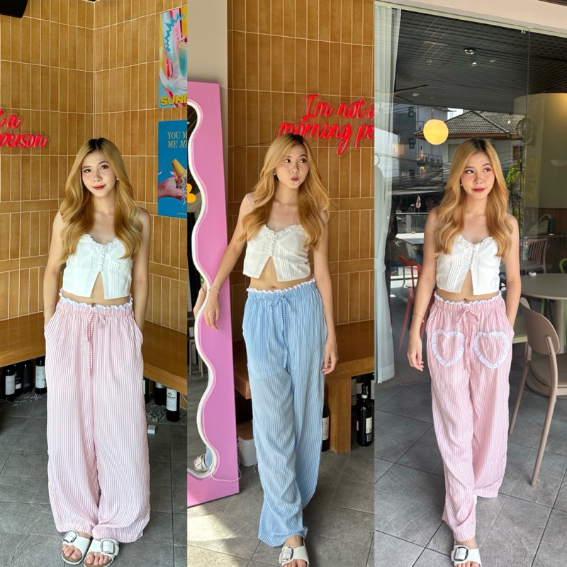 🍒DAZY PANTS🍒 กางเกงขายาวผู้หญิง ลายทาง มีดีเทลลูกไม้รอบเอว เอวยางยืด+เชือกรูด🎀🌈