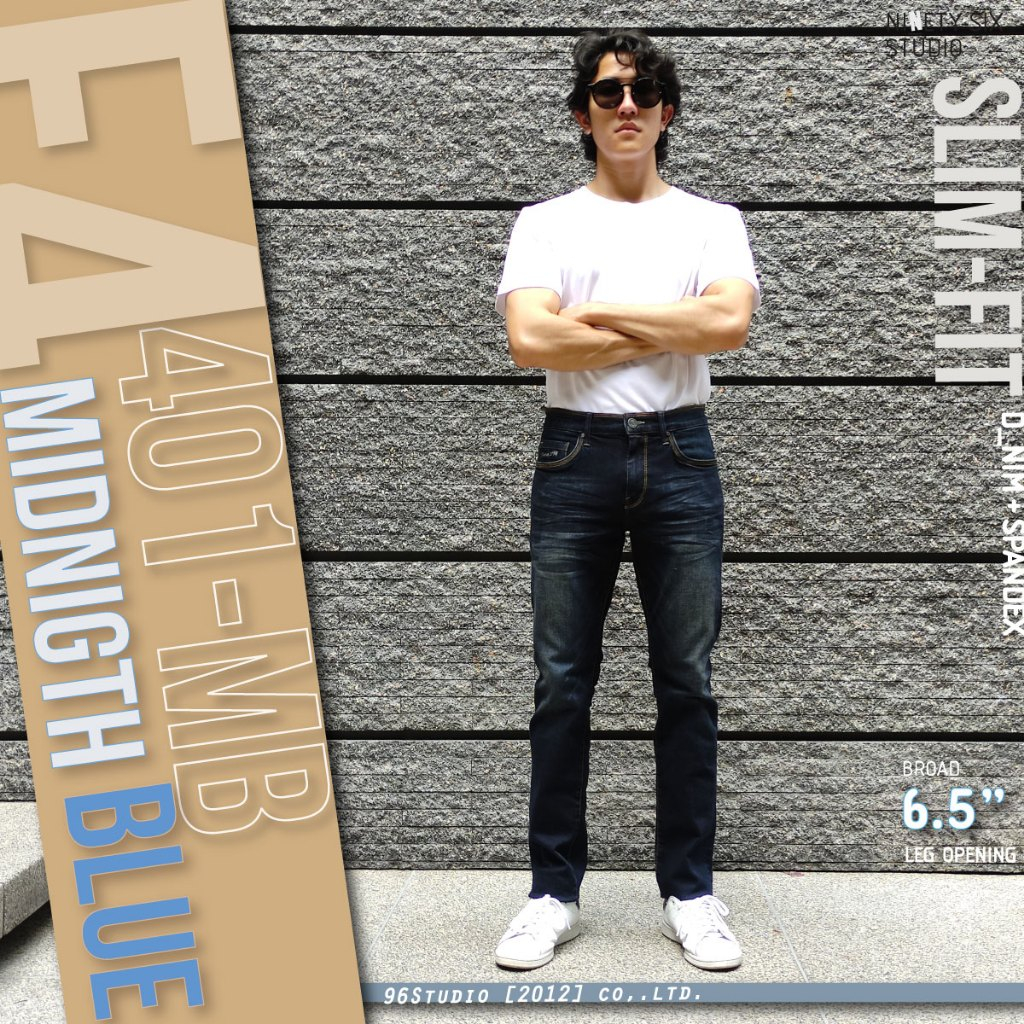 [ F4-401/MB ] กางเกงยีนส์ผ้ายืด ทรงกระบอกเล็ก สีมิดไนท์บลู Man Jeans Clothing