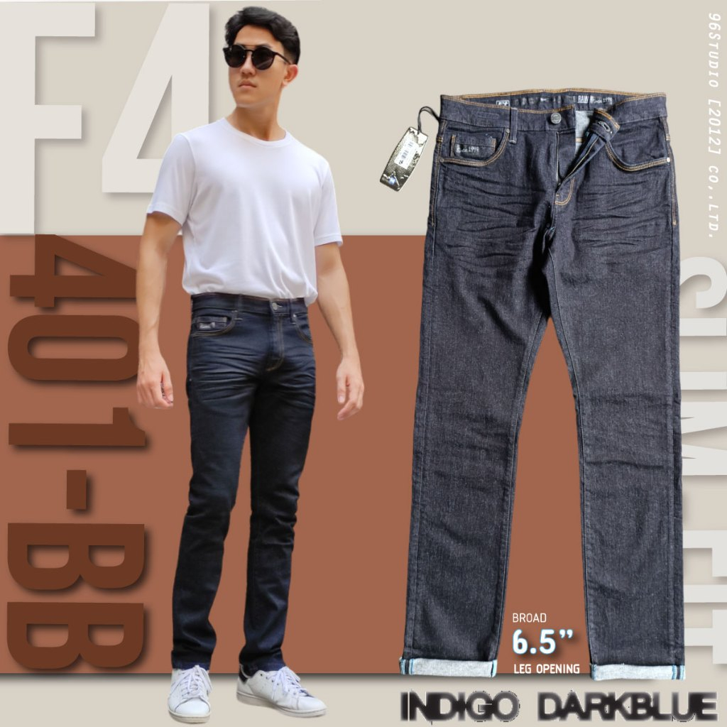 F4-401/BB กางเกงยีนส์ผ้ายืด ทรงกระบอกเล็ก สีแบล็คบลู Man ผู้ชาย
