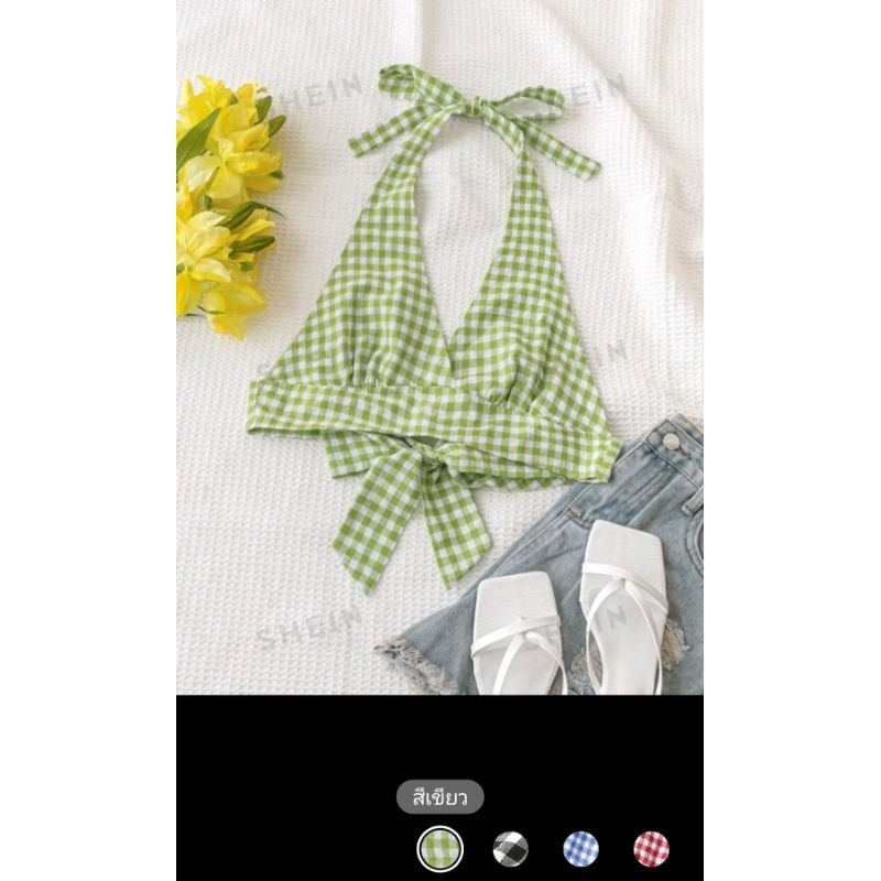 SHEIN WYWH เสื้อท็อป ผู้หญิง ลายทาร์ทัน คล้องคอ ผูก แขนกุด
