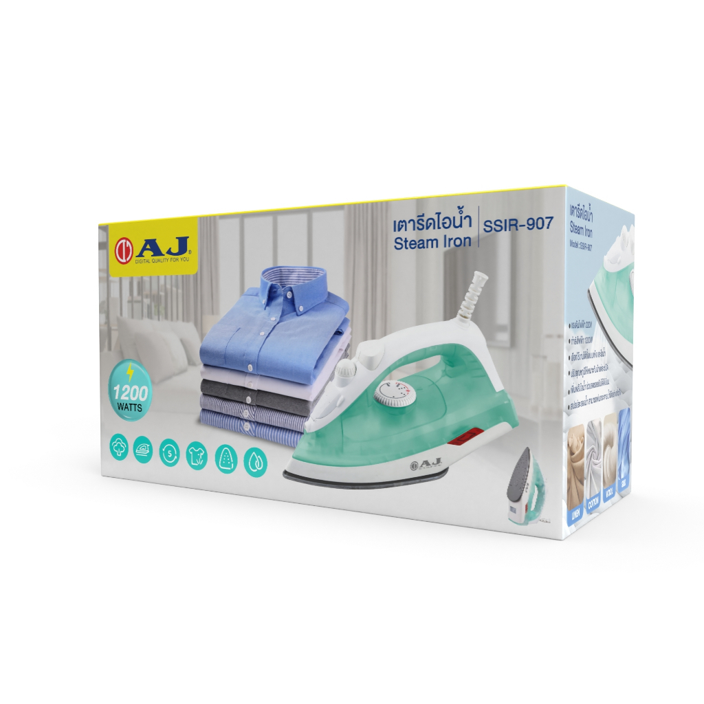 AJ เตารีดไอน้ำ รุ่น IR-907 กำลังไฟ 1200 วัตต์ รีดผ้าเรียบทันใจ ใช้ได้ทั้ง ไอน้ำและ แบบแห้ง ประกัน 1 ปี