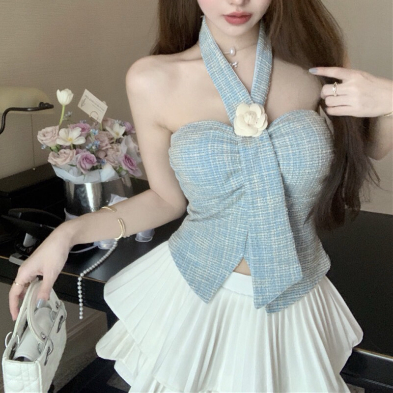 Lady_Girl⚡️303-1/BO#เสื้อเกาะอกเสริมฟองน้ำ แต่งสายคล้องคอ เซ็กซี่ สม็อกหลัง