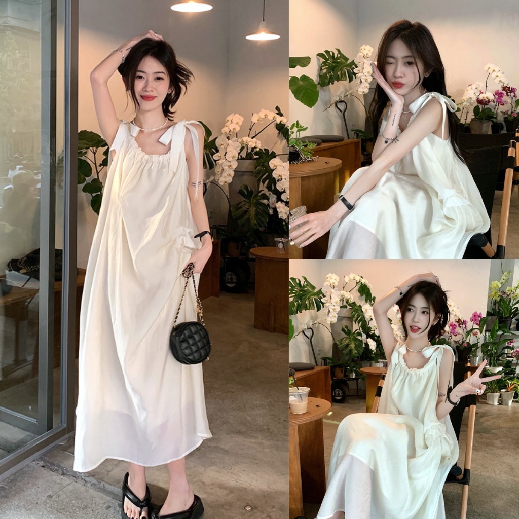 Beryl ชุดเดรสยาว สไตล์ฝรั่งเศสอ่อนโยนสายโบว์วันหยุดแต่งตัวฤดูร้อนผู้หญิงใหม่