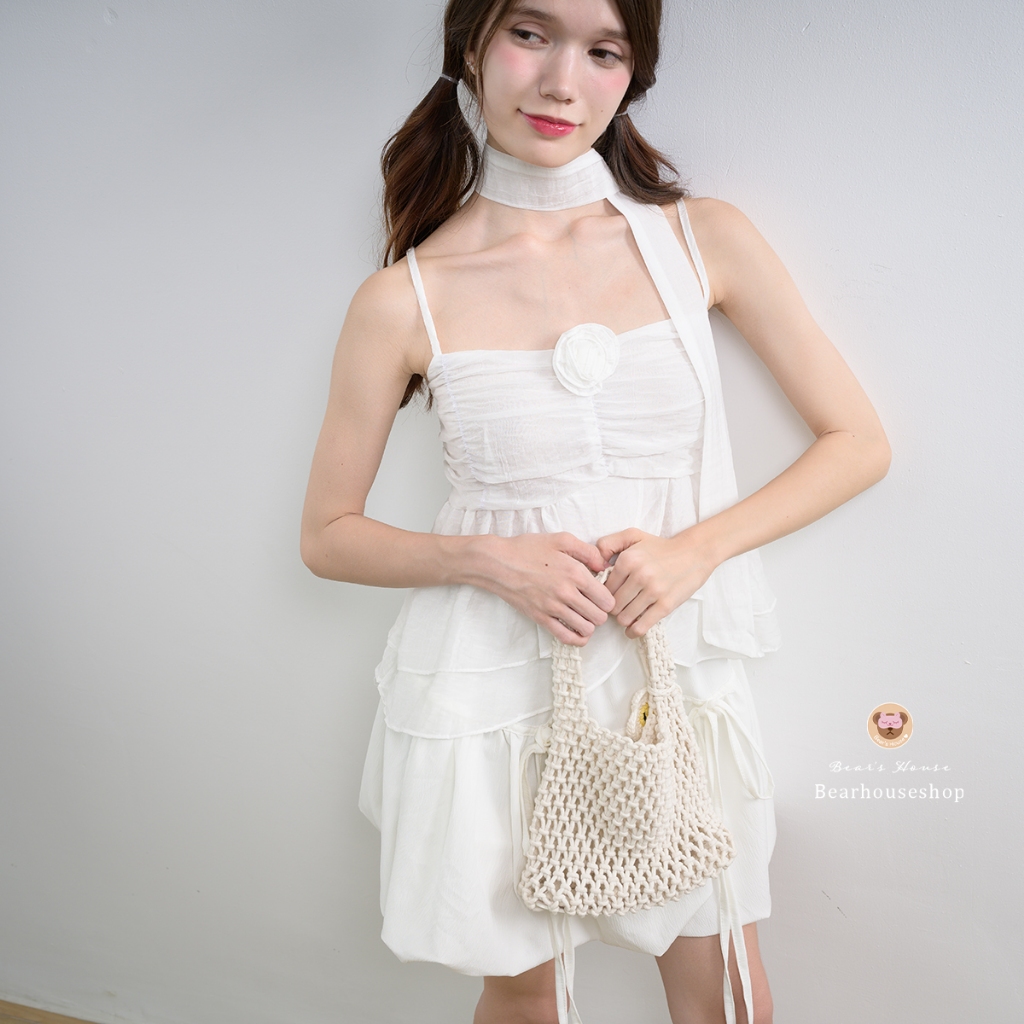 Miss Floral love สายเดี่ยวผ้าแก้ว แถมผ้าพันคอแต่งระบาย สไตล์สาวเวียดนาม