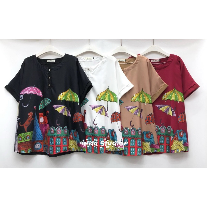 เสื้อคอกลมแขนสั้น ผ้าไหมอิตาลีพิมพ์ลาย คอกระดุม ใส่สบาย ฟรีไซส์ ไซส์ใหญ่