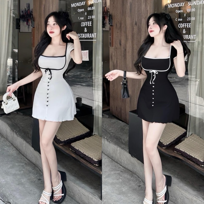 พร้อมส่ง ᙏ̤̮ ⋆⑅ มินิเดรส สไตส์OOTD แต่งกระดุมมุก ดูมีความเป็นลูกคุณ ผ้าร่องเนื้อเย็น ทิ้งตัว ใส่สบาย goodluck
