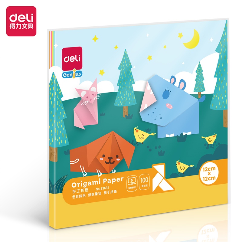 Deli กระดาษพับโอริกามิ กระดาษสีสี่เหลี่ยม พับกระดาษ 10สี 100แผ่น ขนาด 12 ซม./14.5 ซม./19 ซม./A4 DIY 