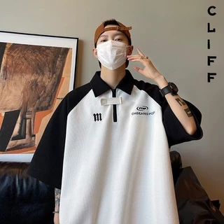 CLIFF เสื้อโปโลผู้ชาย ผ้าวาฟเฟิลด์ เสื้อสไตล์วิทยาลัย ซิปสีผสมแขนสั้น