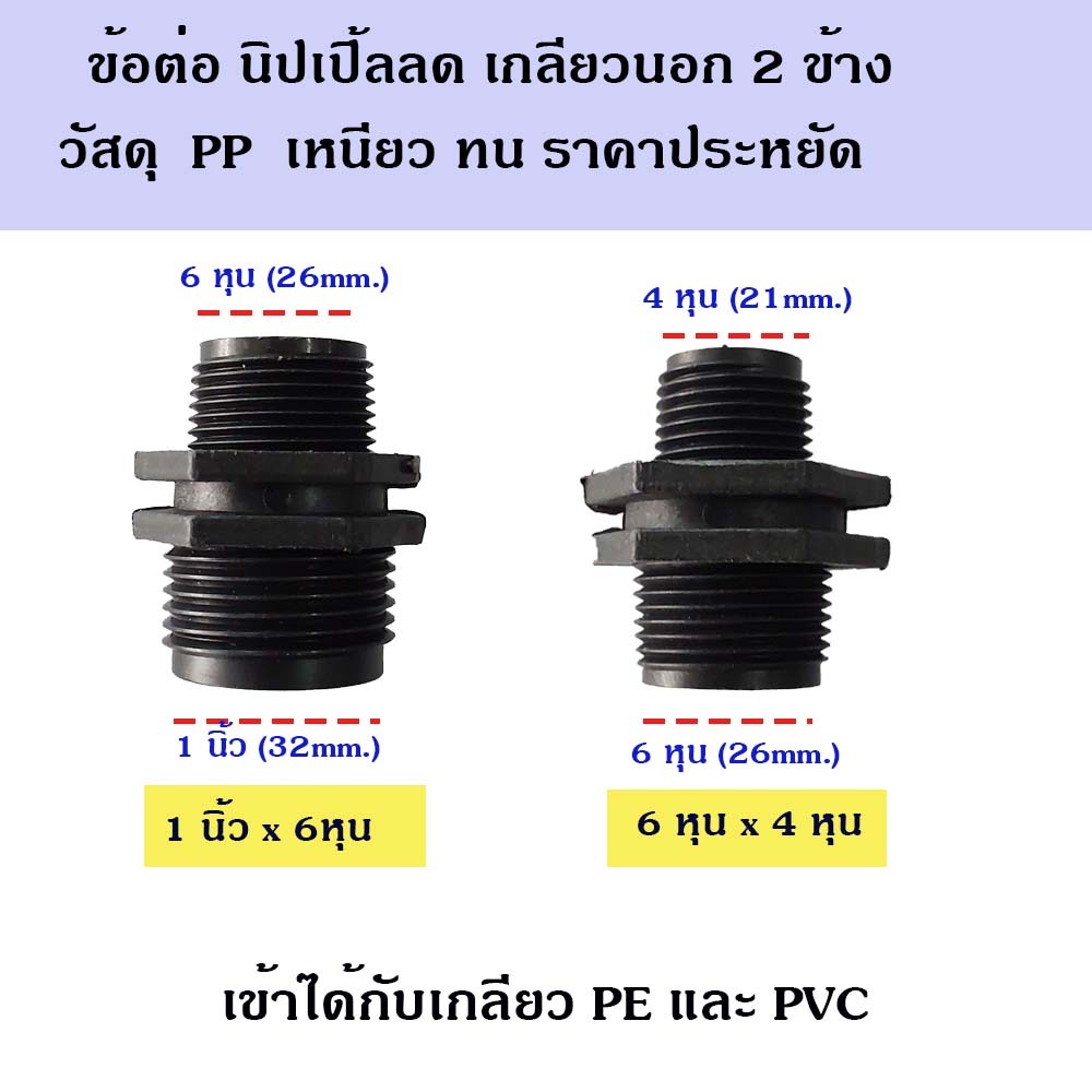 ข้อต่อ พีพี นิปเปิ้ลลด เกลียวนอก 2 ข้าง ใช้ได้กับอุปกรณ์ PVC และ PE