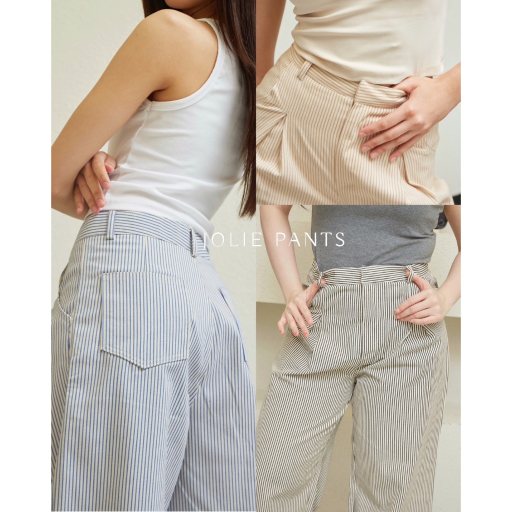 Jolie pants รหัส #A09 กางเกงทรงกระบอกใหญ่สไตล์ผ้ายีนส์ลายริ้ว แต่งจีบด้านหน้า กระเป๋าหลัง ดีไซน์จีบ เป็นจีบทวิตสามเหลี่