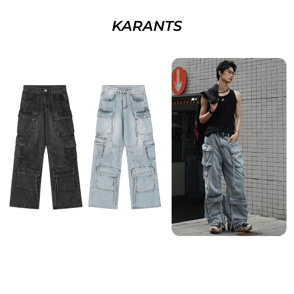 |เคลียร์สต็อก| Karants แบรนด์นานาชาติ กางเกงยีนส์หลายกระเป๋า Y2K ขากว้าง Streetwear เทรนด์ฮิต - KQ20