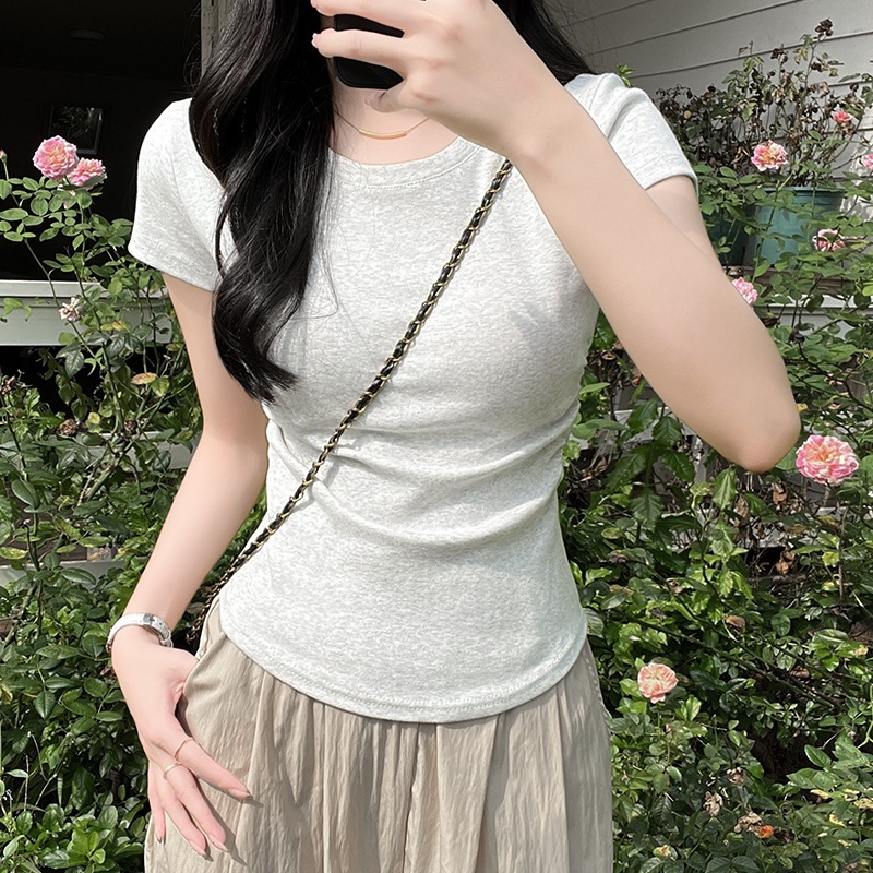 เสื้อยืดผู้หญิง แต่งจีบย่น สีพื้น สไตล์ลำลอง ผ้าคอตตอน มีไซส์เดียว ผ้าใส่สบาย