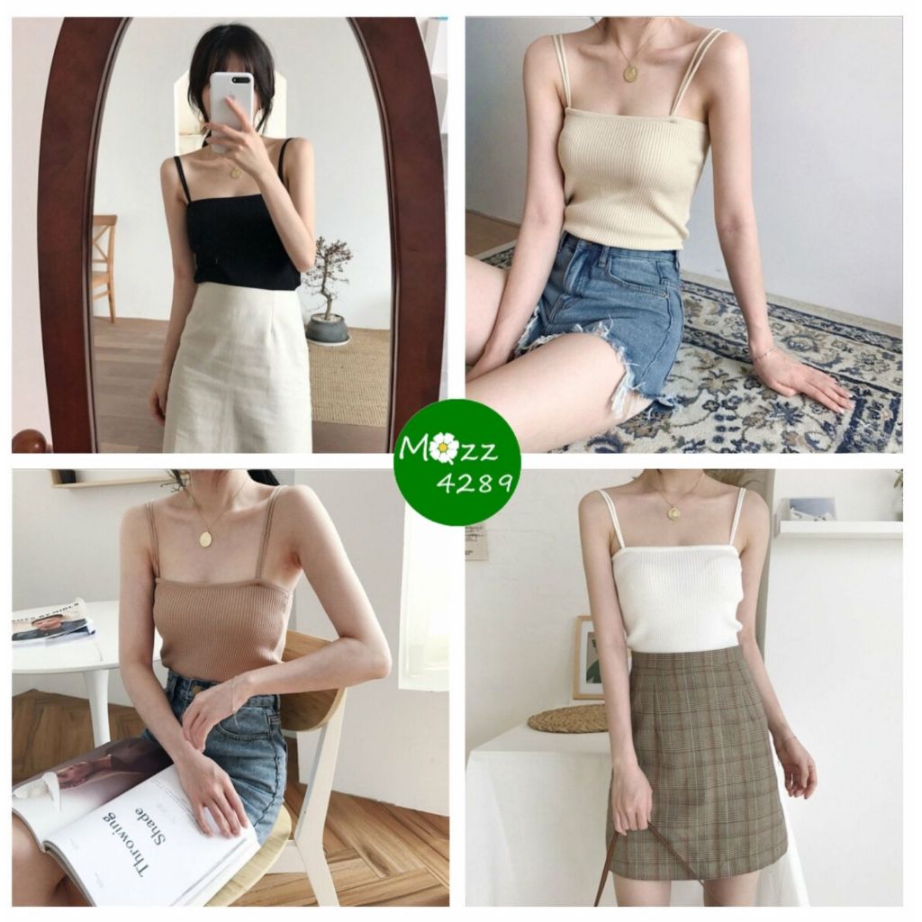 MQzz4289 พร้อมส่ง เสื้อสายเดี่ยวไหมพรมแฟชั่นมินิมอล สไตล์เกาหลี Free Size