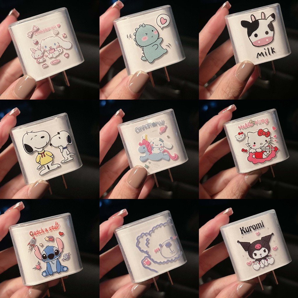 ชุดถนอมสายชาร์จ เคสหัวชาร์จ เคส TPUใส สกรีนลายการ์ตูน 2 ด้าน +ชุดพันสายของ และ 18W/20W