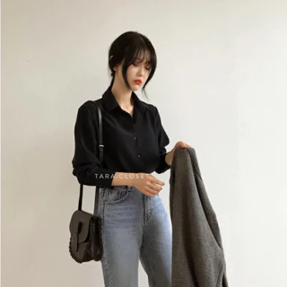 IT022 TARA Shirt Black เสื้อเชิ้ตสีดำคอปก แขนยาว สีคลาสสิค ใส่ได้ตลอด ผ้าไหมอิตาลี ผ้าใส่สบาย ไม่ร้อน