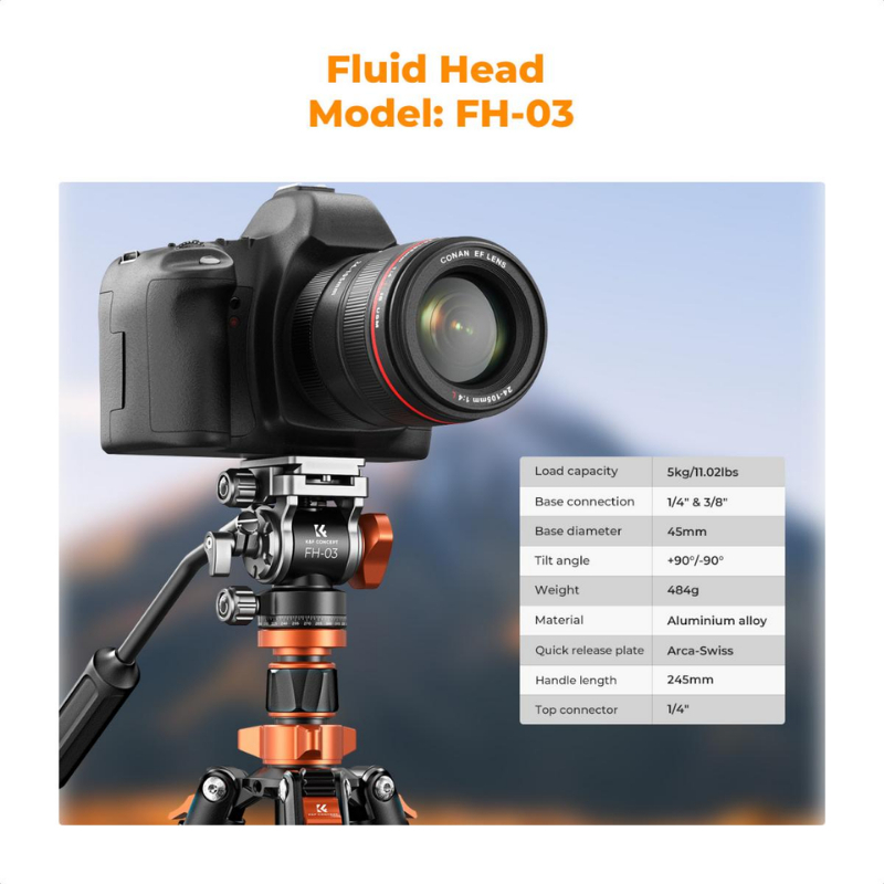 ขาตั้งกล้อง K&F K234A7+FH-03 หัวไฮดรอลิกพร้อมปรับการหน่วงที่ราบรื่น (KF09.136)