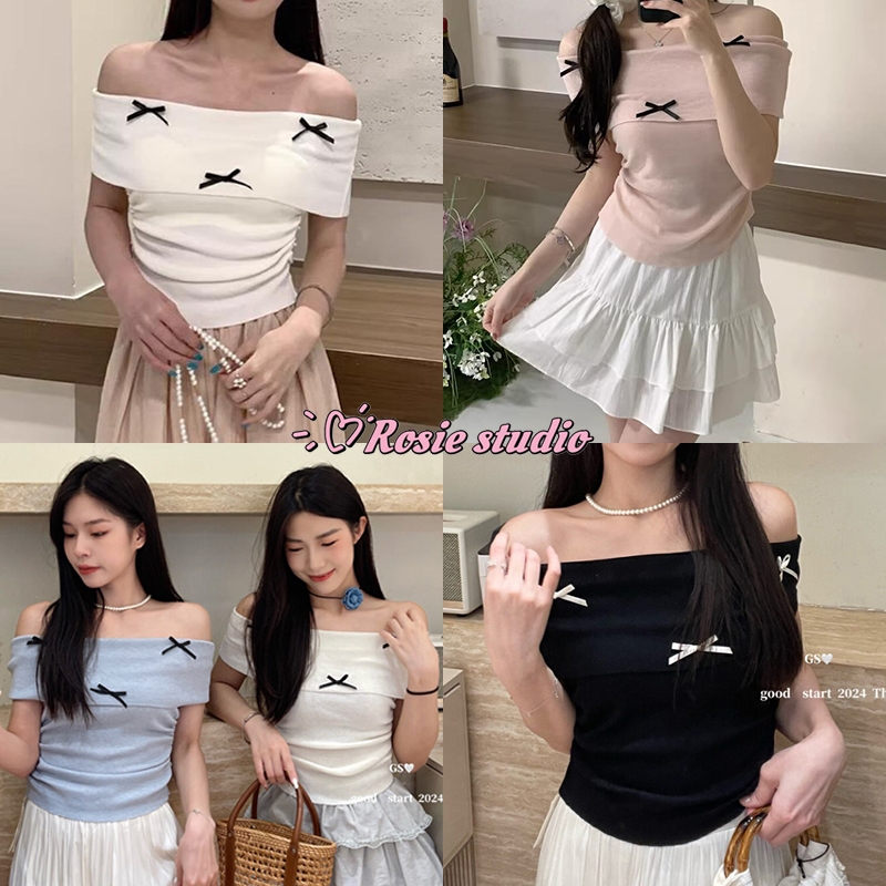 Rosie พร้อมส่ง เสื้อปาดไหล่เซ็กซี่ผู้หญิง แต่งโบว์ สีพื้น ผ้าไหมพรม น่ารัก เซ็กซี่ ชุดไปทะเล ทรงเข้ารูป สาวอวบใส่ได้