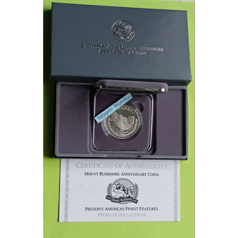 เหรียญ Mount Rushmore Silver Proof Dollar ปี 1991-S #เงินขัดเงา .900 Silver