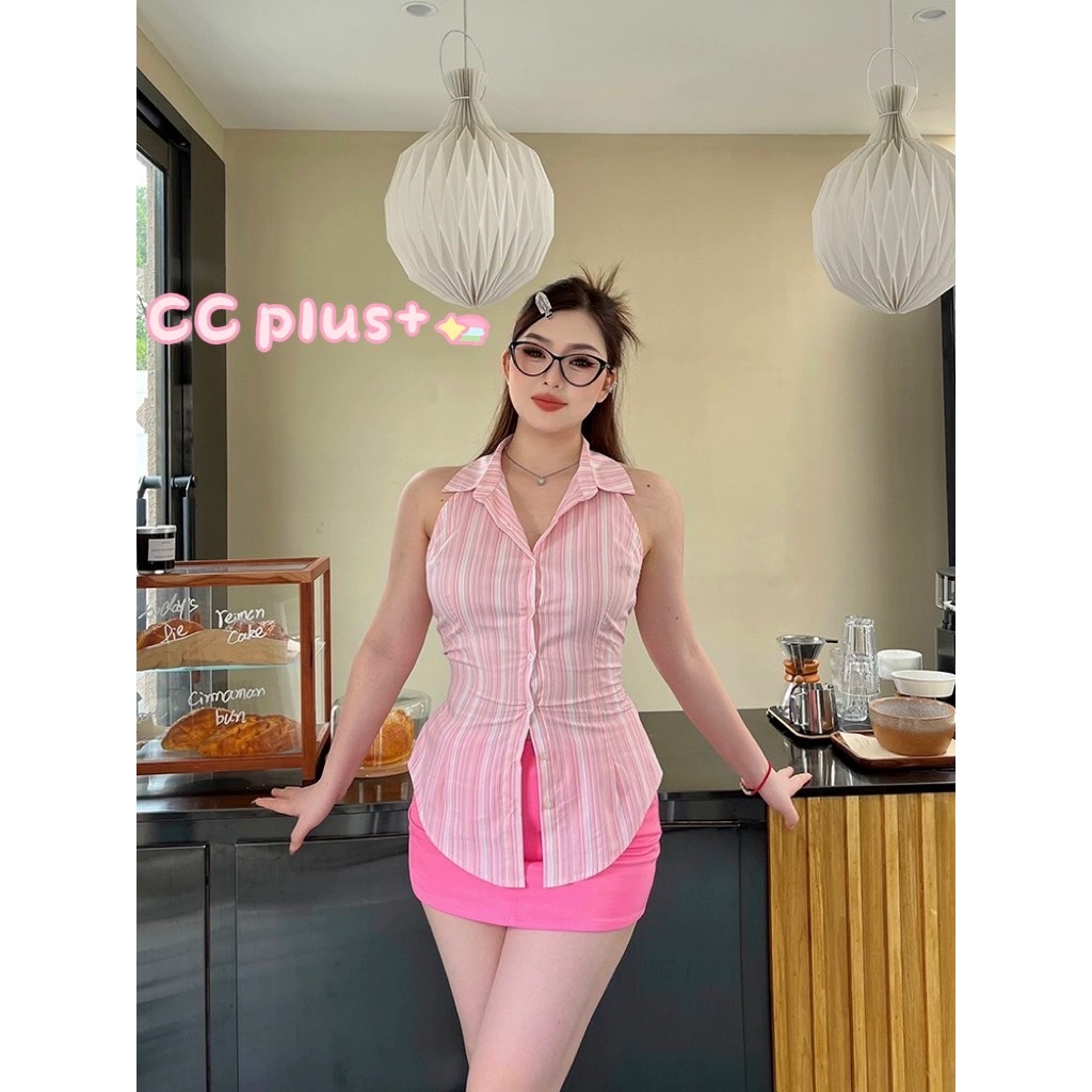 CiCi Plus+(3300)เสื้อแขนกุดคอปกดีเทลด้านหลังผูกไชว้เข้ารูปกระดุมสามารถใช้งานได้จริงสไตล์เกาหลีเหมาะสำหรับสาวพลัสไซส์