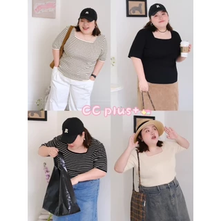 CiCi Plus+(A2143)เสื้อยืดไหมพรมลายทาง/สีพื้นคอกลม ผ้ายืด สไตล์สาวพลัสไซส์
