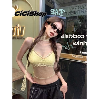 Cicishop (J1119) เสื้อสายเดี่ยวลูกไม้ มีฟองน้ำ สายปรับระดับได้ มีเชือกให้ ดีไซส์เก๋
