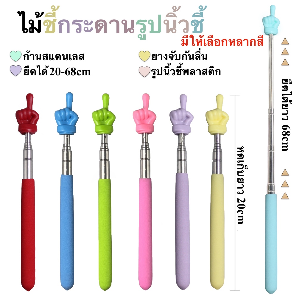 ไม้ชี้กระดาน ไม้ชี้สอน ยืดได้ 68cm หัวทรงน่ารูปนิ้วชี้ ด้านชี้หนังสือ เสาชี้บอร์ด พร้อมส่งในไทย