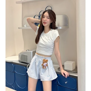 AceyAceyกางเกงขาสั้นกระดุมขอบลูกไม้ปักชายผ้าบาง
