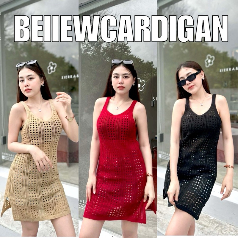 Beiiew เดรสแฟชั่นทรงกล้ามงานผ้าทอลายฉลุสลับลายคาดเส้น สวยเก๋ฮิตติดตามเทรนเป็นงานไหมพรมผ้านิ่ม เนื้อผ้านุ่ม ยืดตามตัว