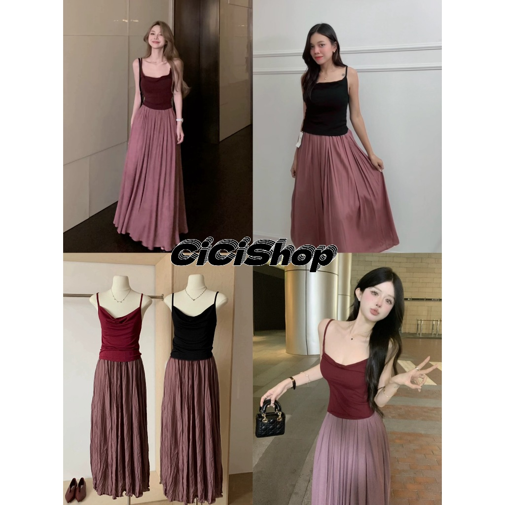 Cicishop(SALE/สุ่มสี J1205)set 2 ชิ้นเสื้อสายเดี่ยวสีพื้น สายปรับได้ คอถ่วง ผ้ายืด+กระโปรงยาว เอวยางยืด ใส่คู่กันแบบชิคๆ