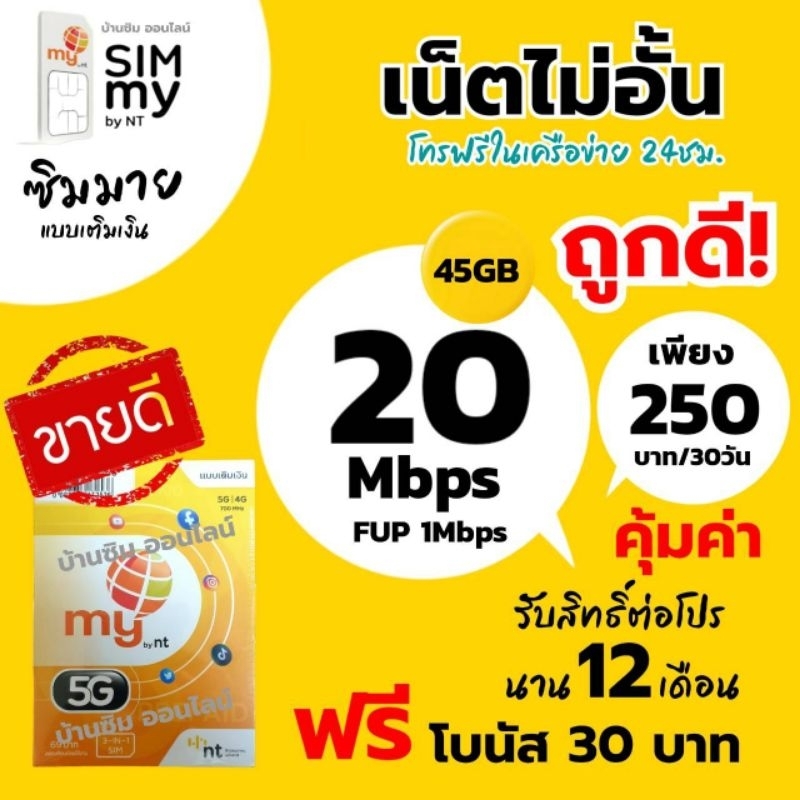 Sim my Sim net ระบบเติมเงิน เน็ตไม่อั้น 20 Mbps ราคา 250 บาท/เดือน (1ออเดอร์ไม่เกิน5เบอร์)