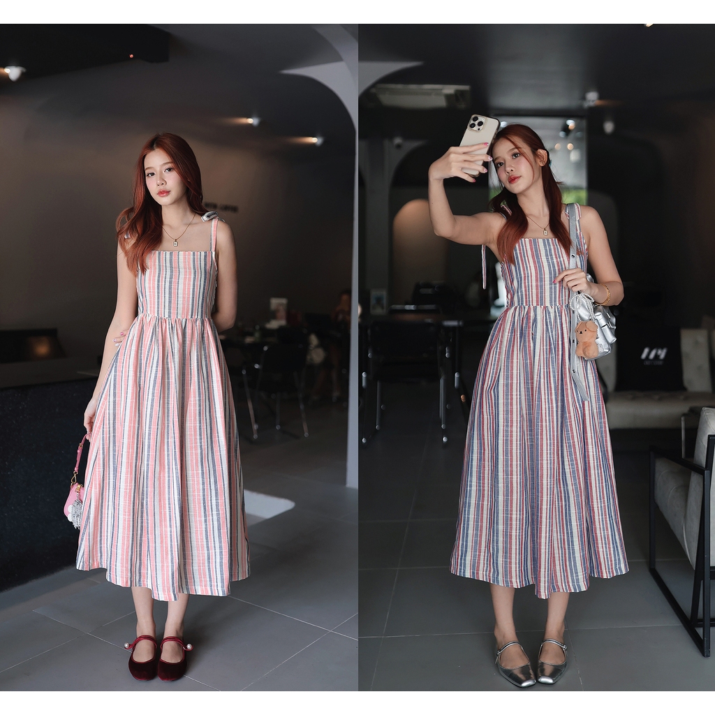 NUMBERSEVEN - D0122995 เดรสลายริ้วสายมัดโบ- มี 2 โทนสี : โทนชมพู , โทนกรมท่าหม่น
