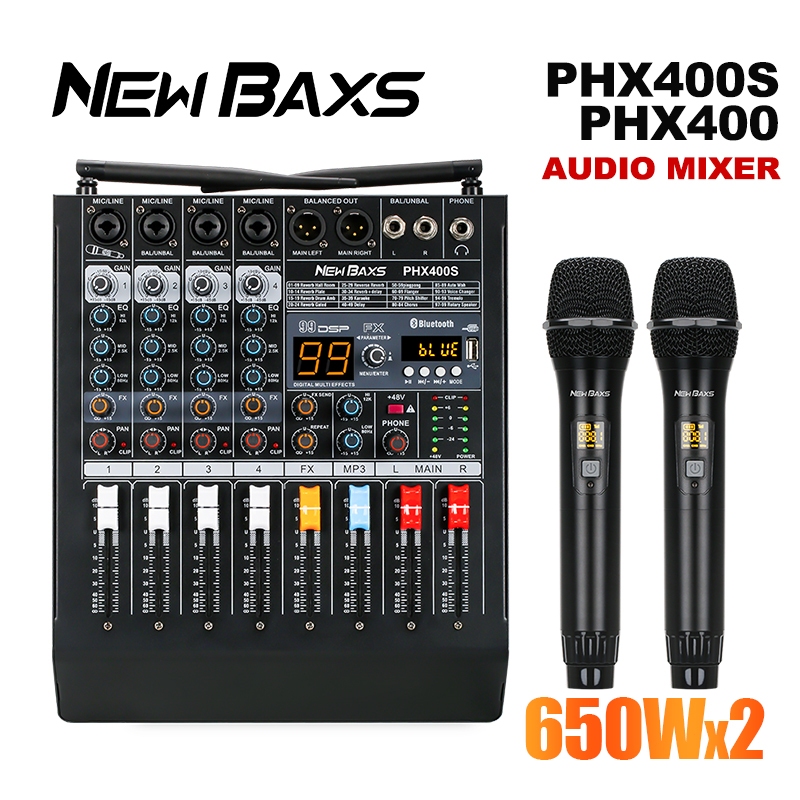 Newbaxs PHX400/400S มิกเซอร์ 4 6 8 แชนเนล พลังออลอินวัน 99DSP EQ ชั้น เครื่องขยายเสียงกำลังสูง 650w ไมโครโฟนไร้สาย 2 ตัว