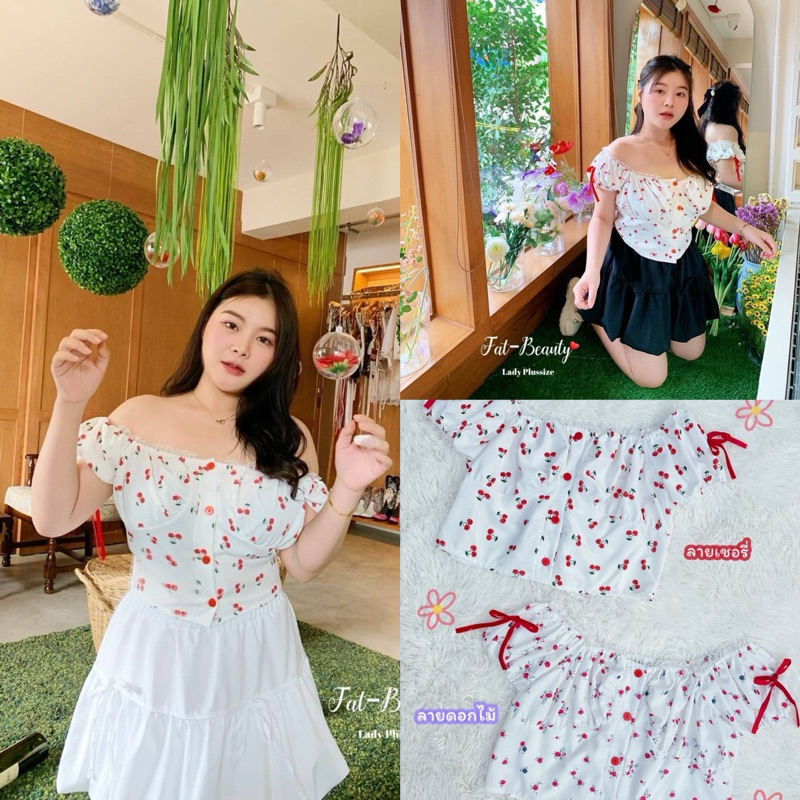เสื้อปาดไหล่แขนตุ๊กตาเบาๆติดโบว์ช่วงแขน เปิดไหล่หวาน plussize สาวอวบ