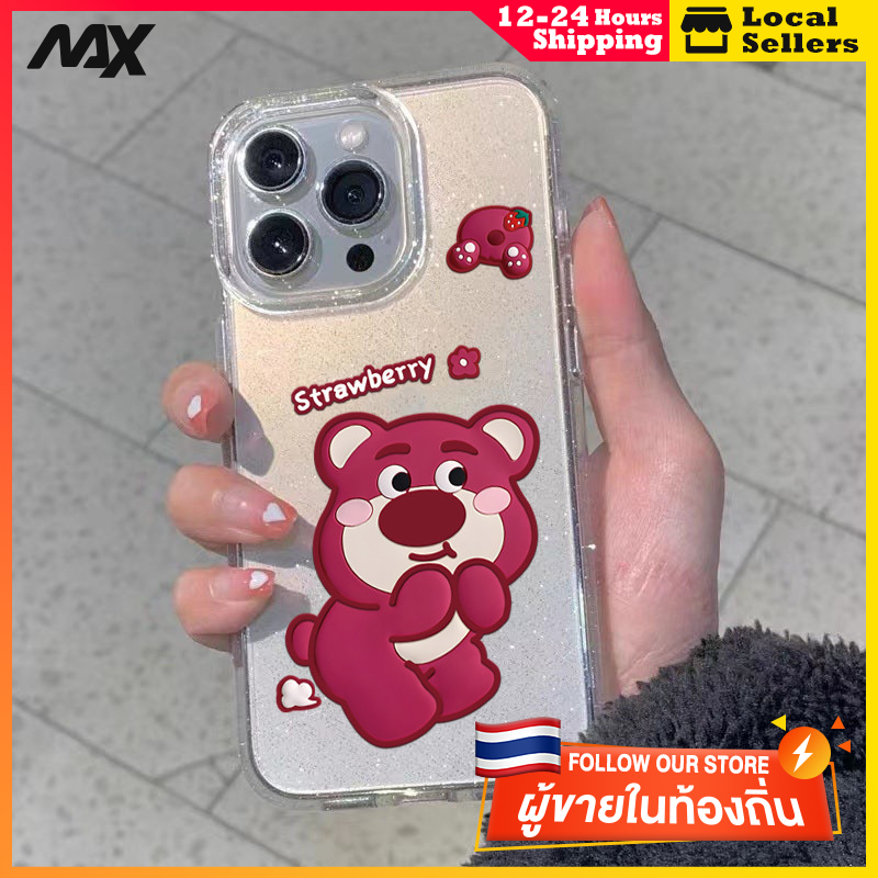 ผงเพชรแผ่นโปร่งใส เทรนด์แฟชั่น หมีสตรอเบอร์รี่ for 11 12 13 15 14plus 15 pro max XR 12 13pro 14 7P 8P XS 14Pro 11pro