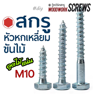 [4-6ตัว] น๊อตหัวหกเหลี่ยมขันไม้ M10 เกลียวหยาบ งานไม้ เสา คาน บันได งานหนัก [6-10 pieces]. M6 M8 Hex Head Lag Screw